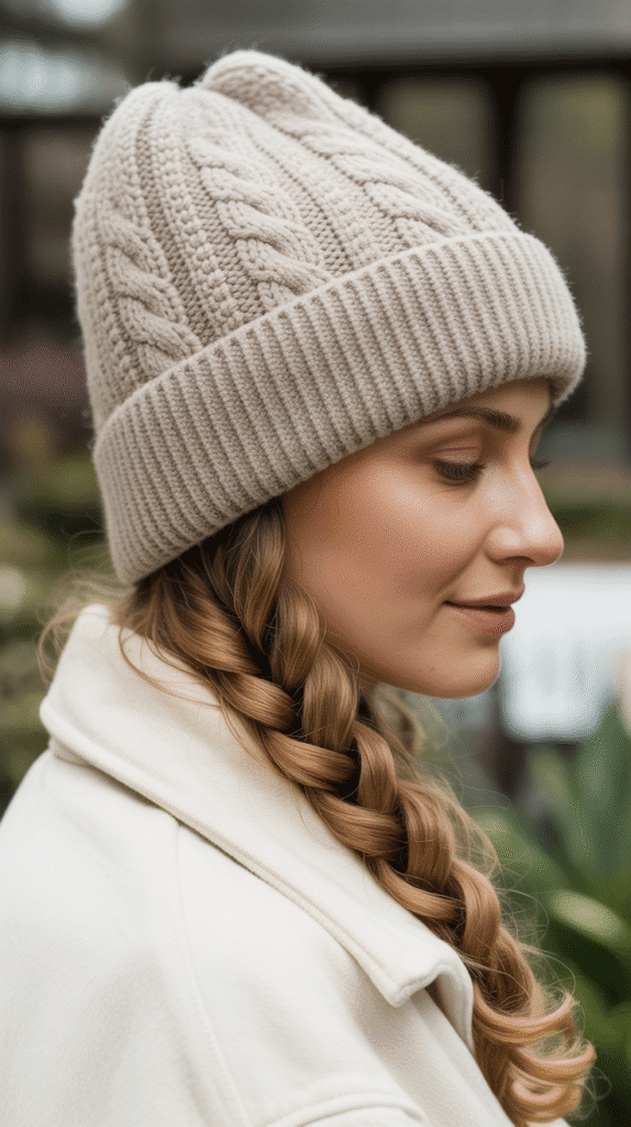 33 Cozy Cute Winter Hairstyles with Beanies 19 Waterfall Braid with Beanie