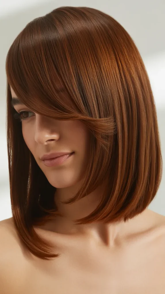 Asymmetrical Long Bob with Side-Swept Curtain Bangs
