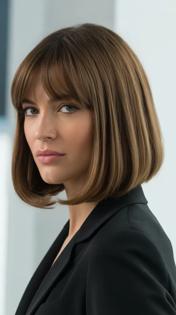 Polished Long Bob with Curtain Bangs for Professional Settings