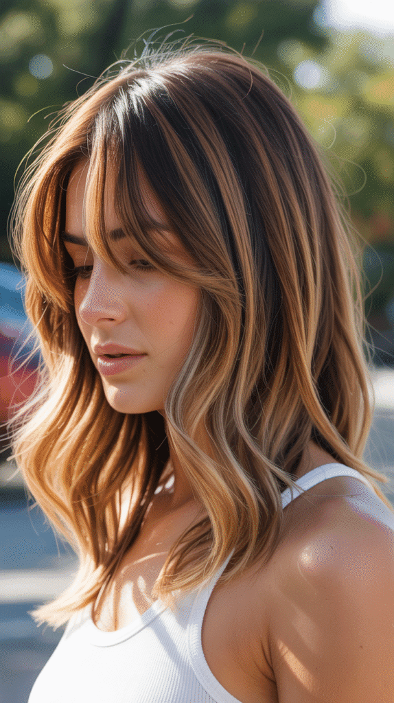  Balayage Long Bob with Feathered Curtain Bangs