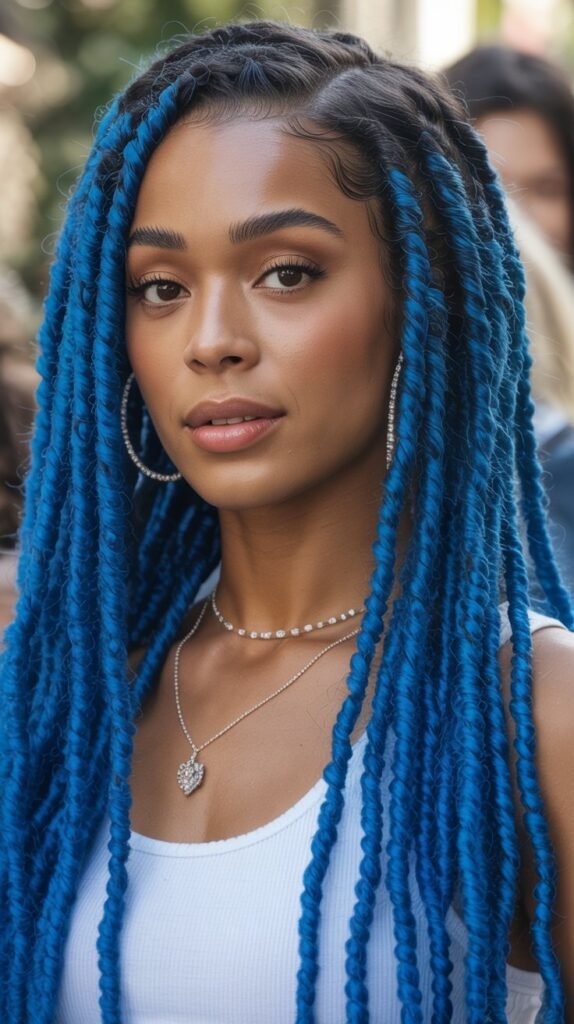 Sapphire Blue Goddess Locs Low Ponytail