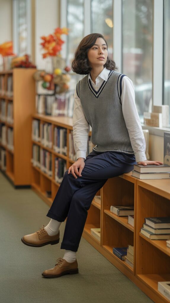 30 Best Casual Fall Outfits for Women 2025 17 Sweater Vest with Button-Down and Tapered Pants