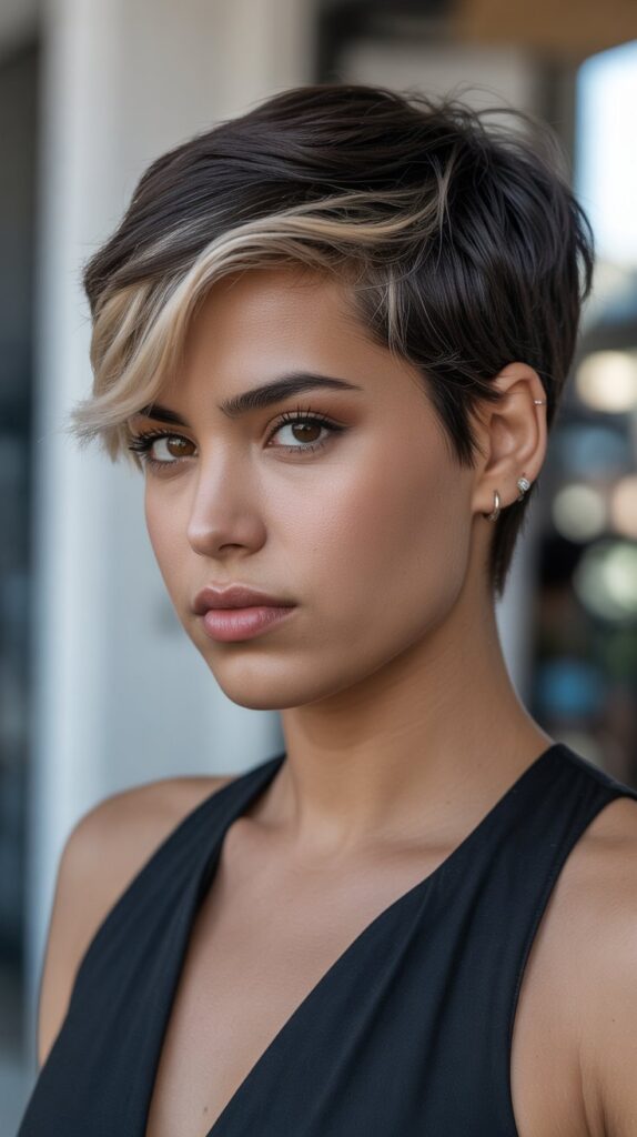 19. Blonde Highlights on Black Pixie Cut
