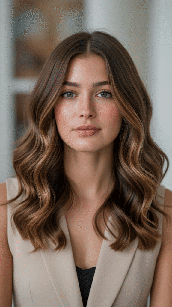 Caramel Highlights on Shoulder-Length Brown Waves