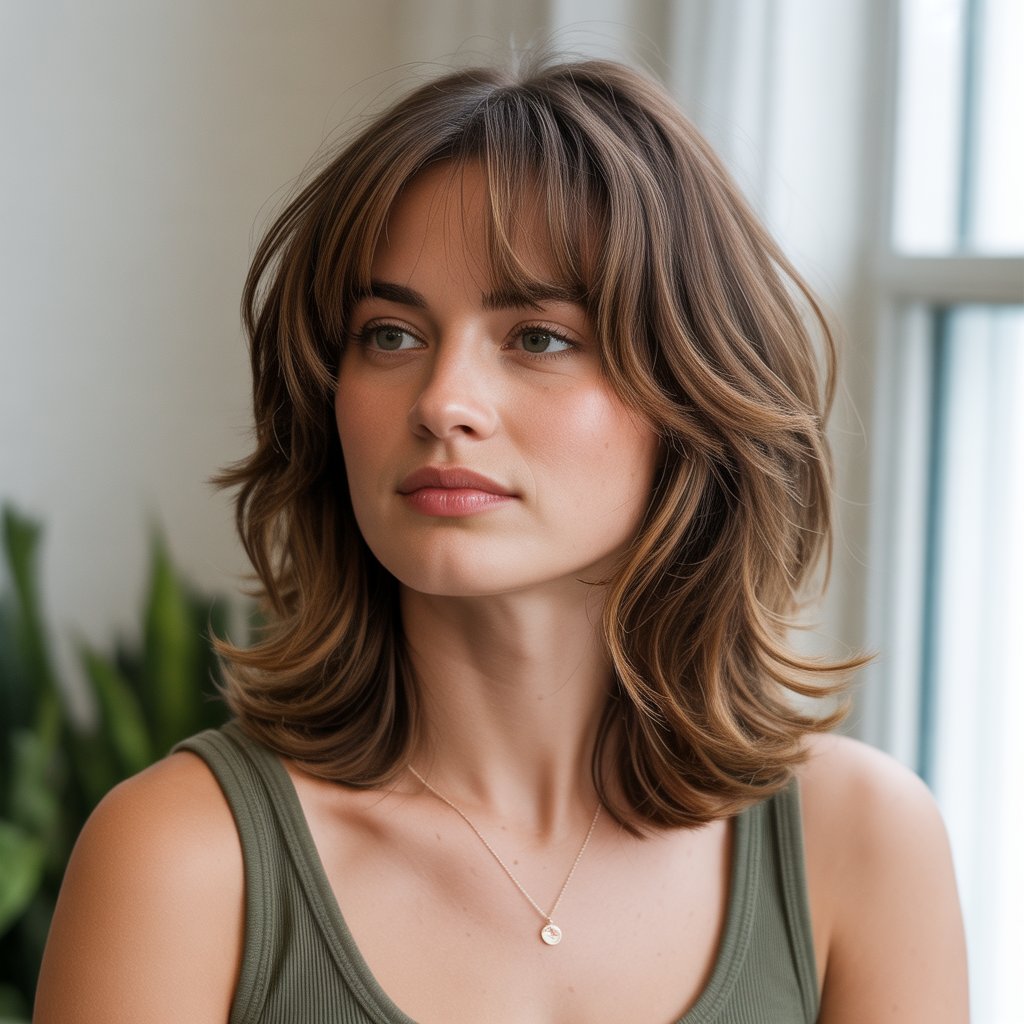 27+ Expert-Approved Hairstyles for Thin Hair and Round Faces 4 Shoulder-Length Shag with Curtain Bangs