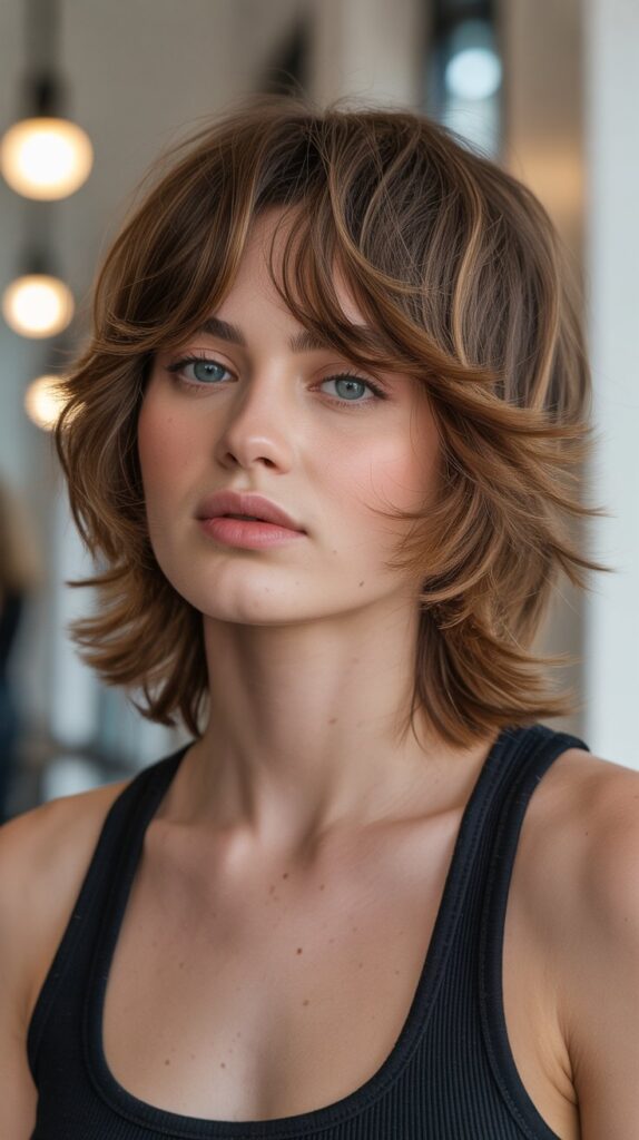 Top 30+ Expert Approved Hairstyles for Thin Hair and Round Faces 18 Shoulder-Length Shag with Bangs