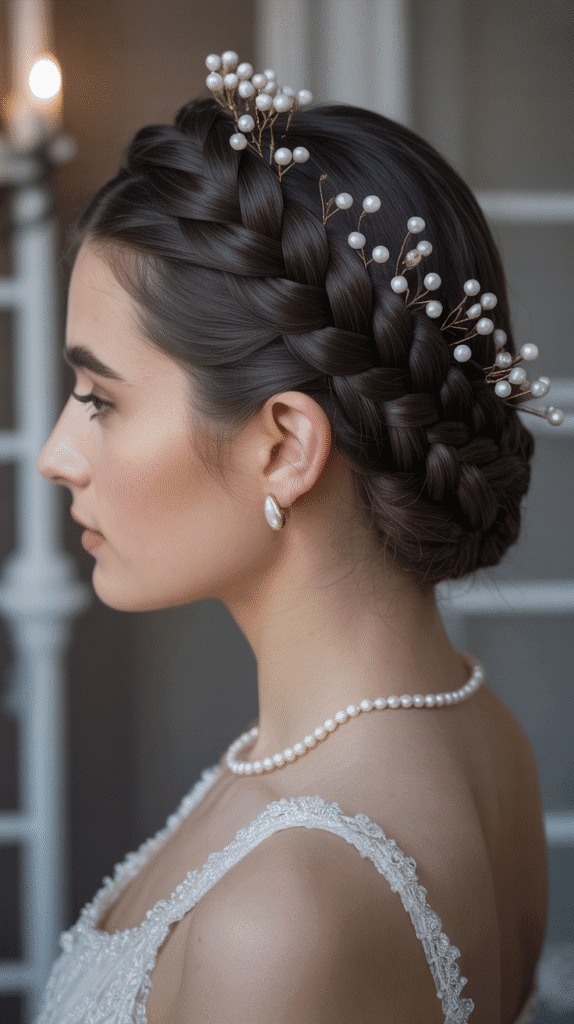 30 Must-Try Winter Hair Braid Trends for 2025 2 Dutch Braid Crown with Pearl Accessories