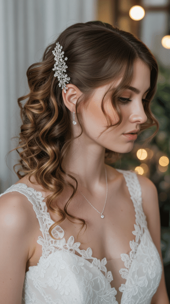 Best 33+ Updo Wedding Hairstyles for Curly Hair 7 Side-Swept Curly Updo