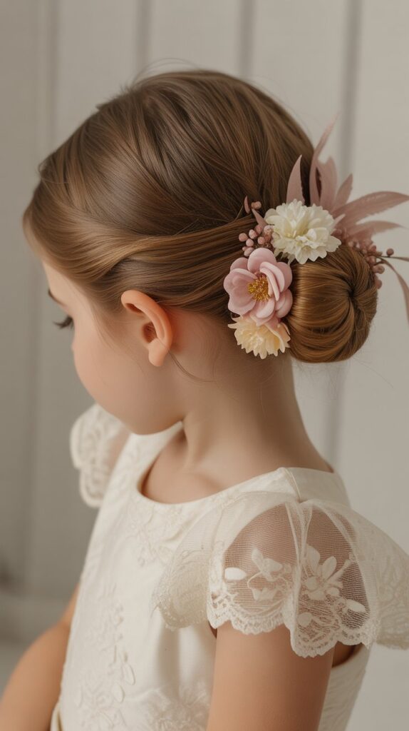 33 Adorable Kids' Hair Ideas That Keep Hair Out of the Face 24 Accessorized Low Bun