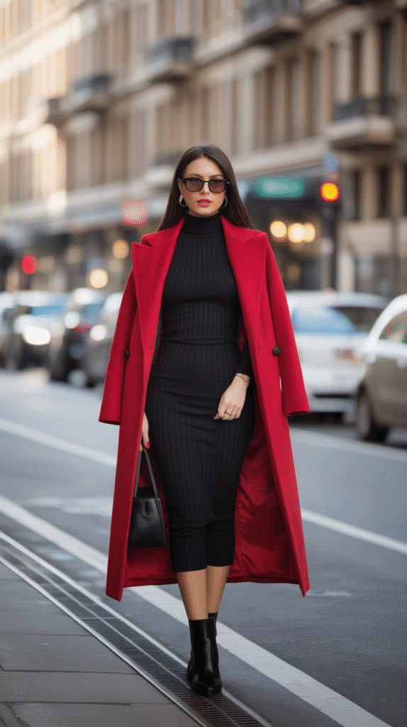 24 Elegant Winter Dress Outfits for Women for Every Occasion 6 Turtleneck Dress with Statement Coat