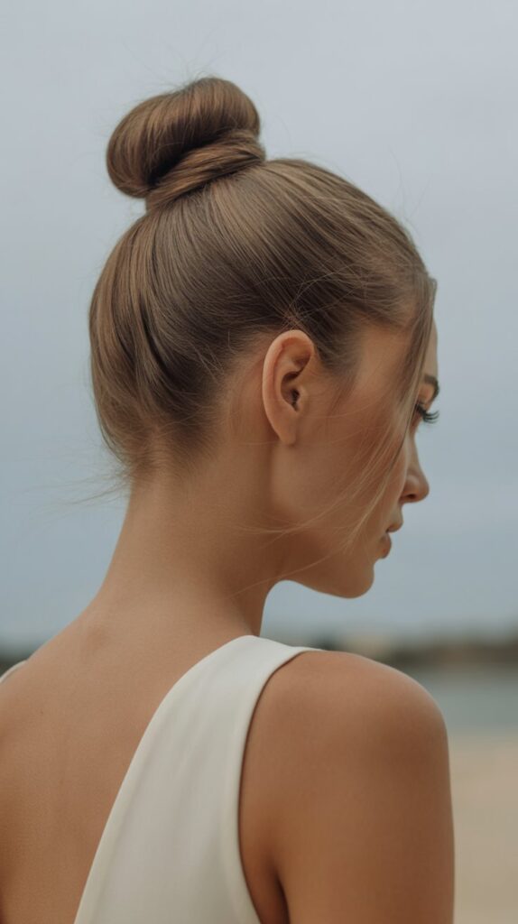 30+ Stunning Beach Wedding Hairstyles That Will Make Waves 19 Sleek Top Knot With Face Framing Pieces