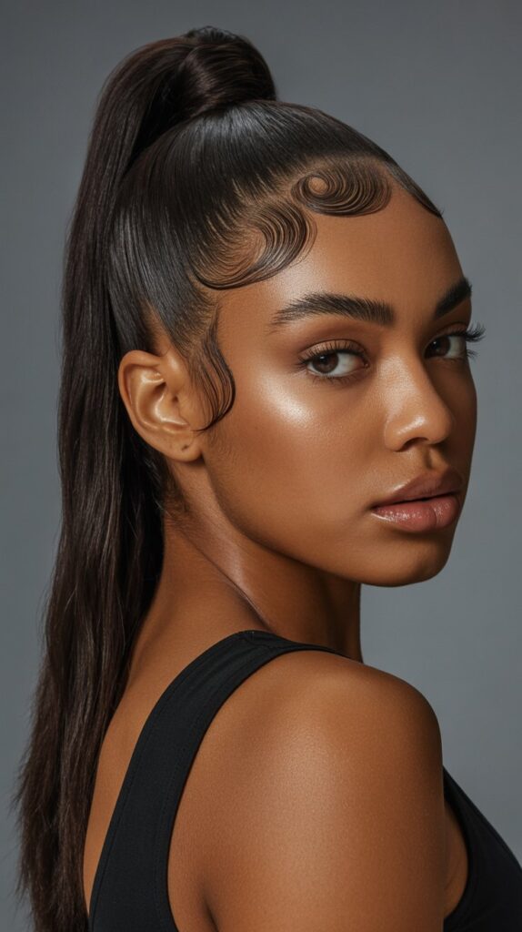 Top 33+ Baddie Hairstyles for Black Women Turn Heads 1 Sleek High Ponytail with Baby Hairs