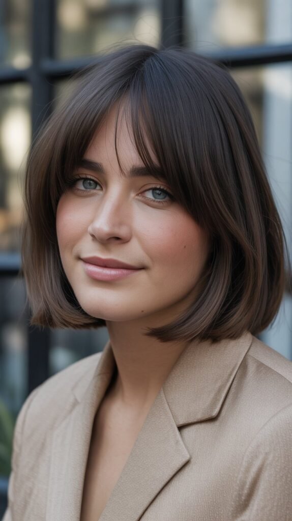 Sleek Lob with Curtain Bangs and Lowlights