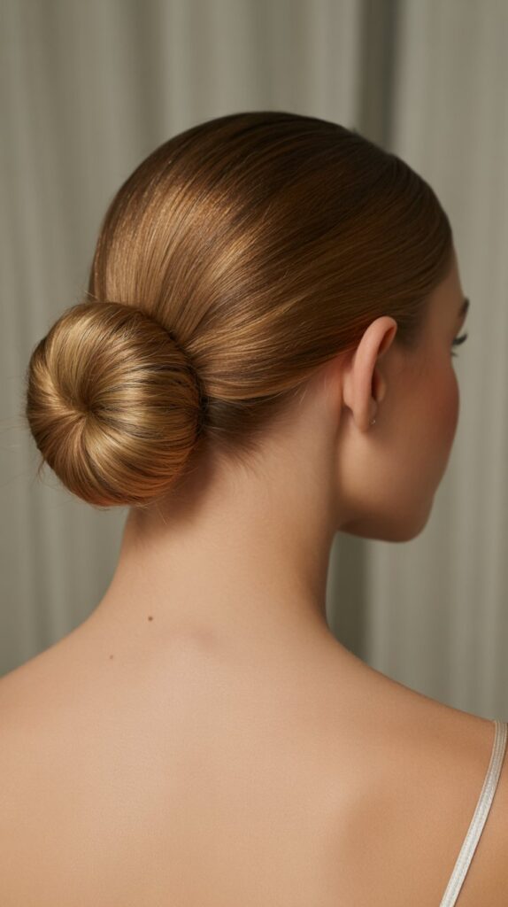 Top 30+ Expert Approved Hairstyles for Thin Hair and Round Faces 26 Slicked-Back Low Bun with Height