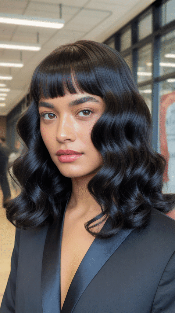 Sleek Long Bob with Curtain Bangs for Curly Hair