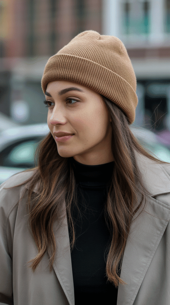 33 Cozy Cute Winter Hairstyles with Beanies 27 Slicked Back Hair with Fitted Beanie