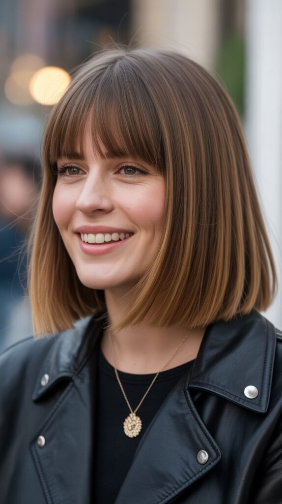 Classic Straight Long Bob with Face-Framing Curtain Bangs