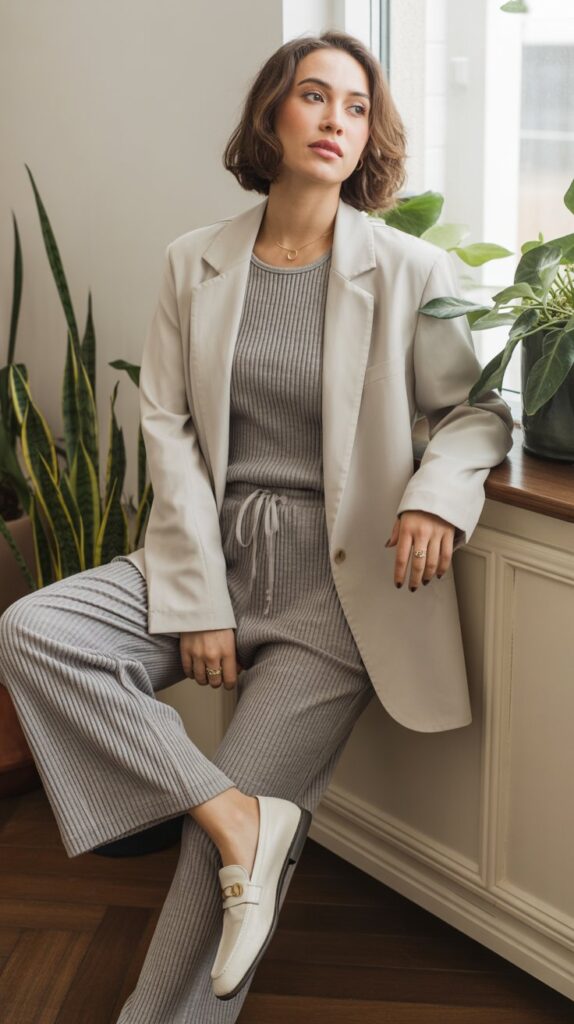 27 Elegant Self Care Sunday Dress to Impress Looks 26 The Soft Blazer and Loungewear Fusion