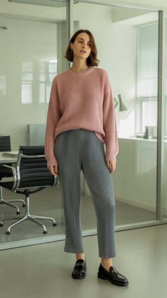 33 Best Casual Fall Outfits for Women at Work 28 Crewneck Sweater with Pleated Trousers