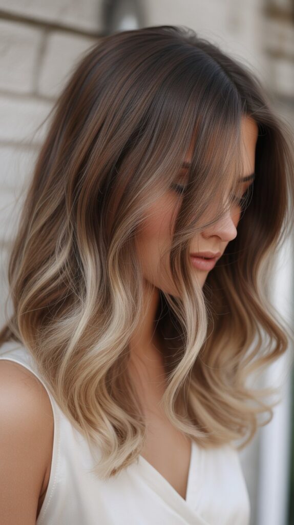 34 Trendy Brunette Balayage Hairstyles with a Money Piece 6 Mocha Balayage with Creamy Blonde Money Piece