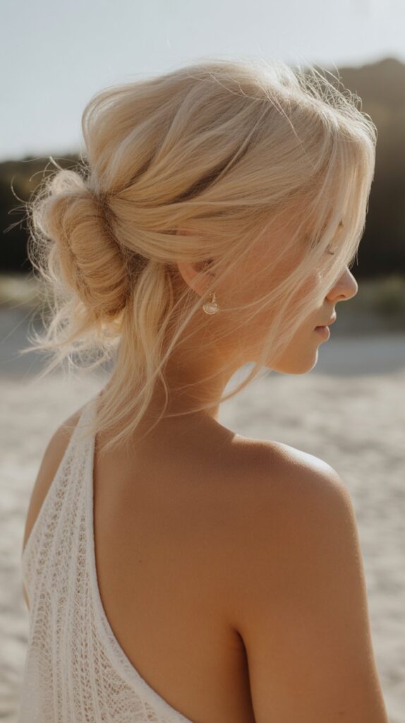 30+ Stunning Beach Wedding Hairstyles That Will Make Waves 30 Loose Chignon With Wispy Tendrils