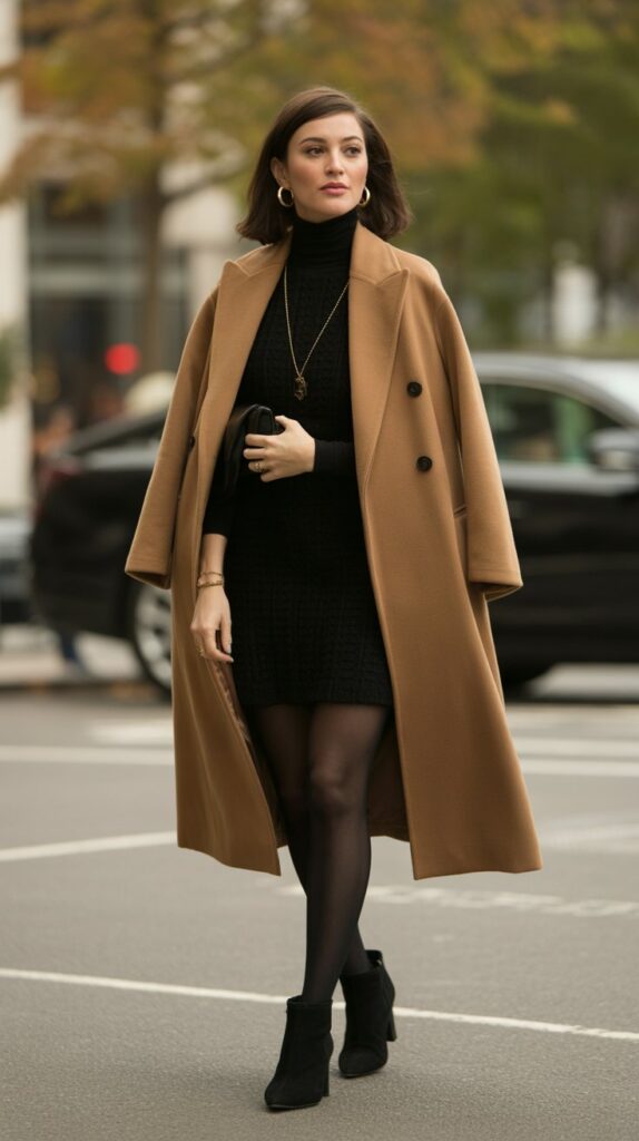 30 Best Casual Fall Outfits for Women 2025 28 Wrap Coat with Turtleneck Dress and Tights