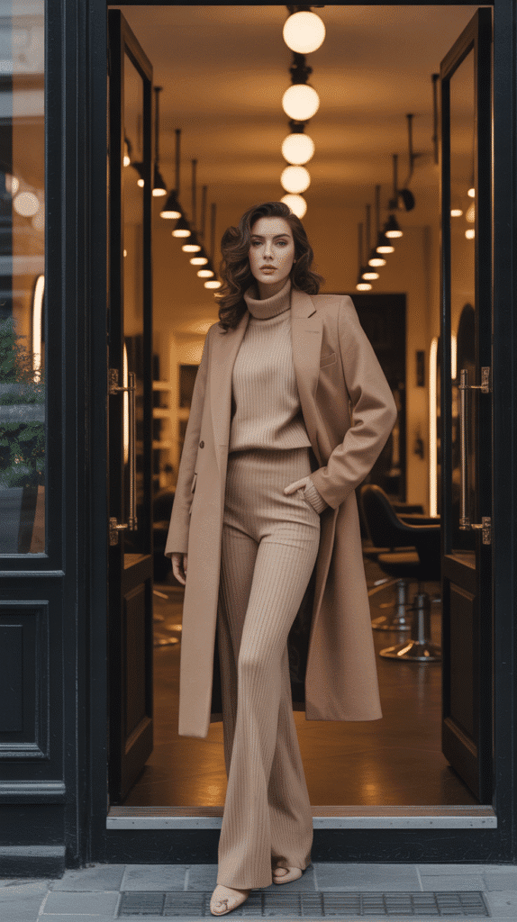 27 Stylish Hairstylist Outfits for Work in Winter 27 Monochrome Knit Set with Long Coat