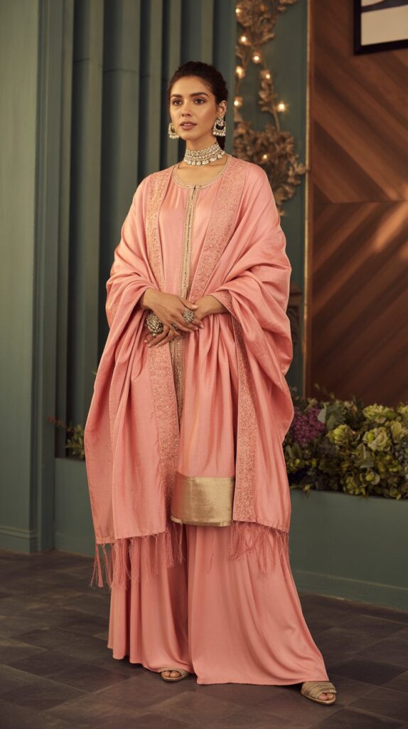 22 Gorgeous Indian Winter Outfits for Women You'll Love 8 Silk Palazzo Suit with Shawl