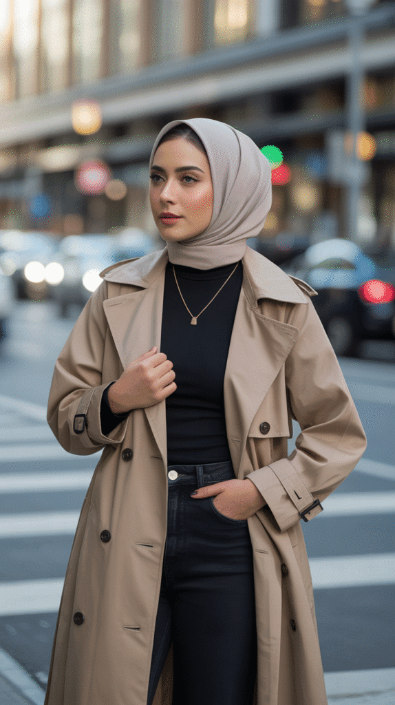 25 Modest Winter Outfits for Women with Hijab That Stay Fashionable 9 Trench Coat Over Turtleneck and Straight-Leg Jeans