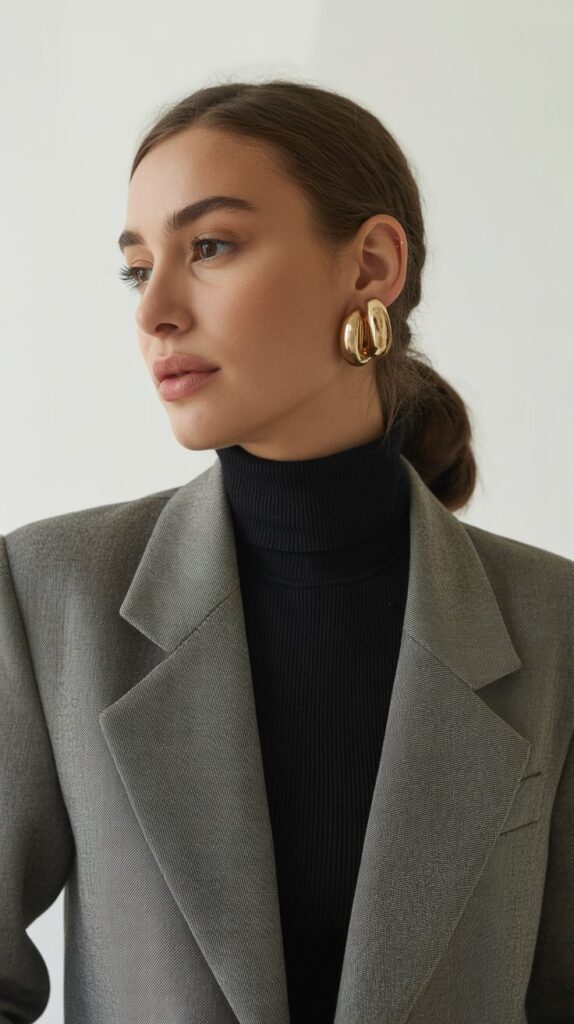40 Winter Outfit Ideas for Women to Stay Warm and Stylish 37 Statement Earrings with Turtleneck and Blazer