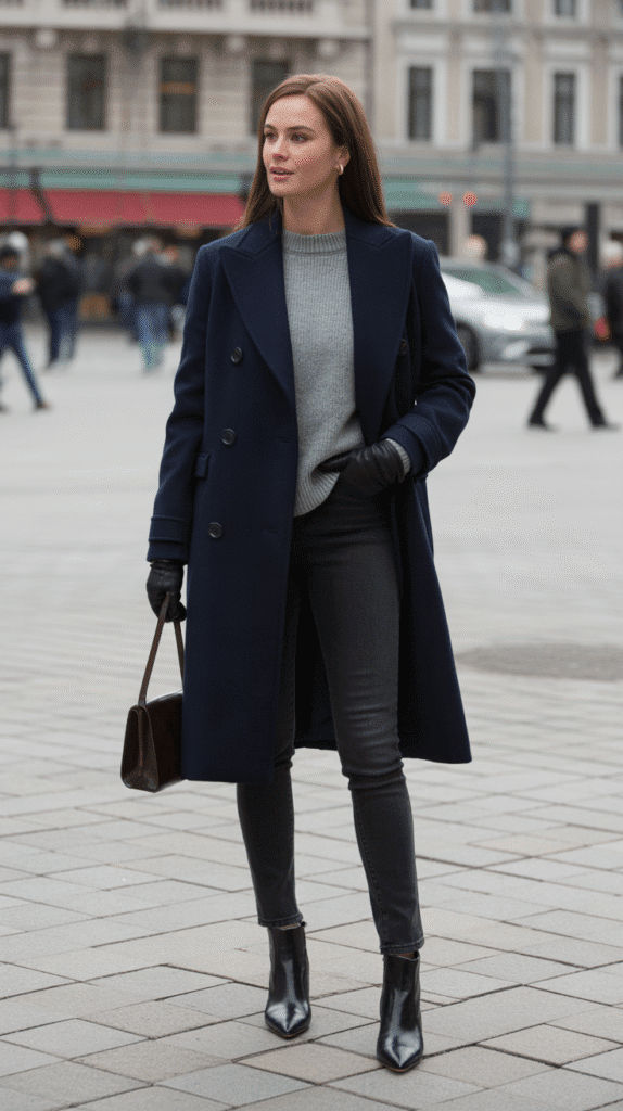 Double-Breasted Coat with Sweater and Jeans