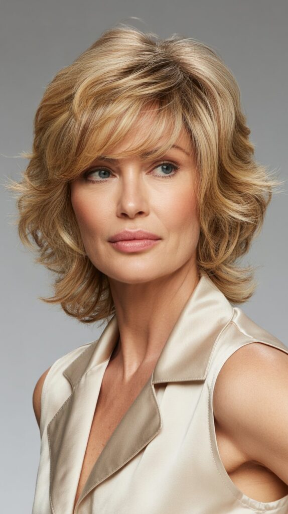Best 30+ Very Layered Medium Hairstyles for Women Over 50 3 Feathered Layers with Side-Swept Fringe