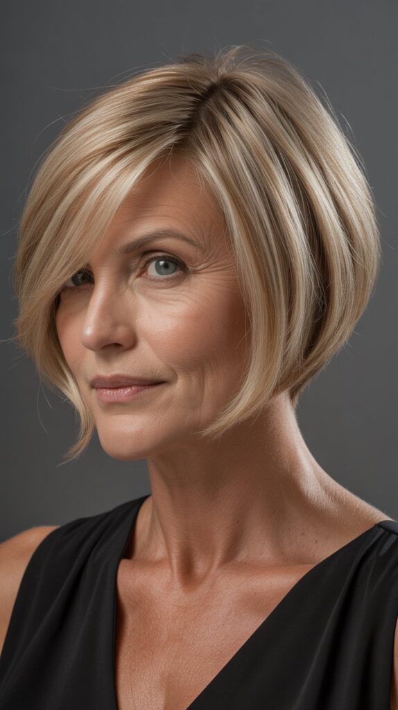 Top 32+ Short Hairstyles for Round Face Thin Hair Over 50 2 Asymmetrical Bob with Deep Side Part