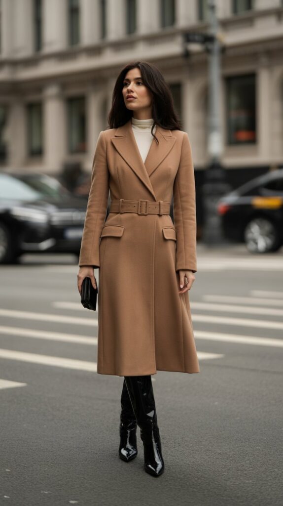 40 Winter Outfit Ideas for Women to Stay Warm and Stylish 12 Belted Coat Dress with Tall Boots