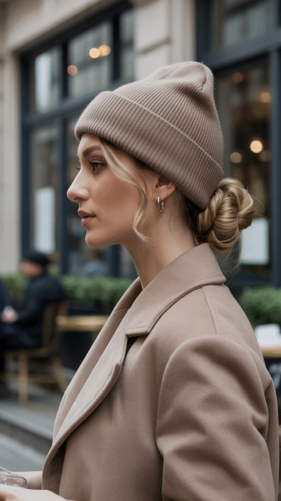 33 Cozy Cute Winter Hairstyles with Beanies 12 Twisted Low Bun with Slouchy Beanie