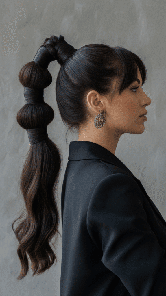 27+ Easy Wedding Guest Hairstyles for Long Hair 4 Sleek Ponytail with Wrap