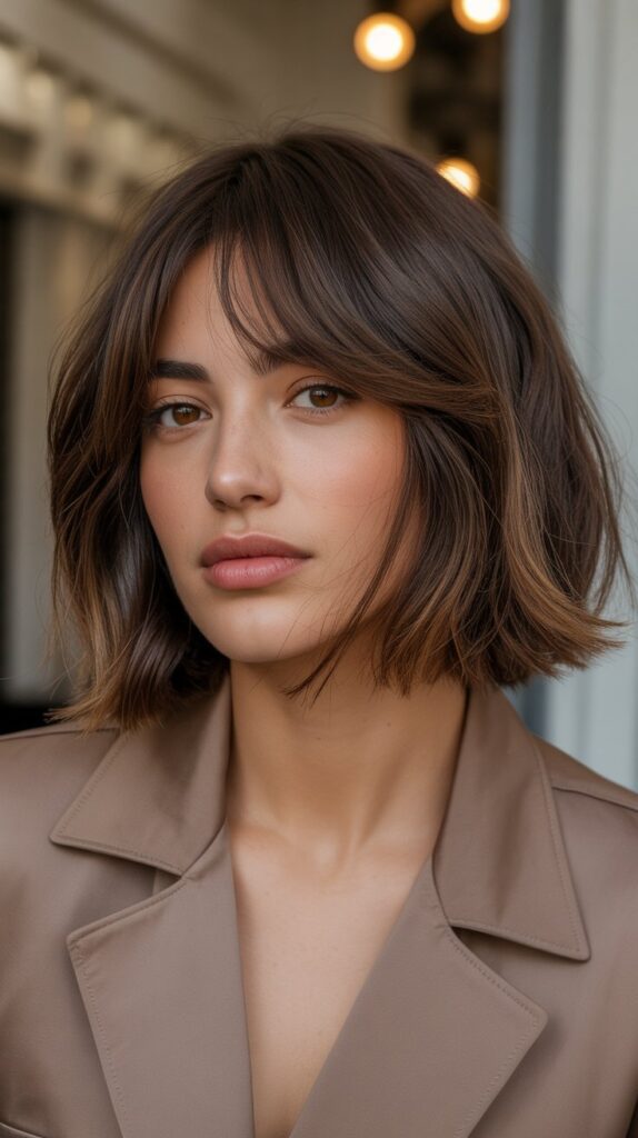 Textured Brunette Long Bob with Soft Curtain Bangs