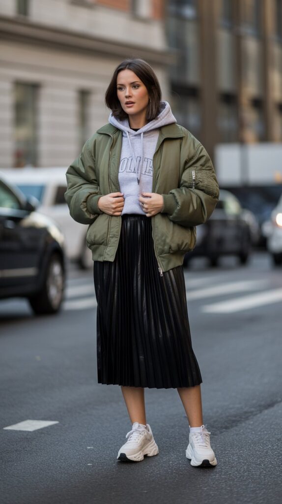 20 Stylish Winter Skirt Outfits for Women That Are Warm Yet Trendy 13 Faux Leather Pleated Skirt with Hoodie