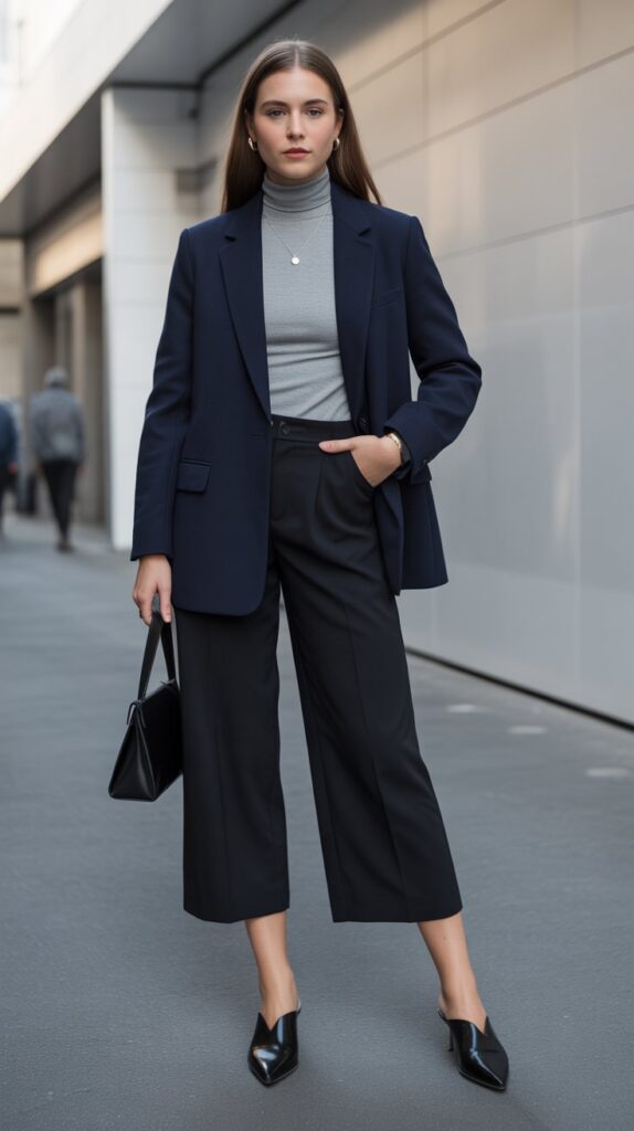 33 Best Casual Fall Outfits for Women at Work 11 Wool Blend Blazer with Turtleneck and Culottes