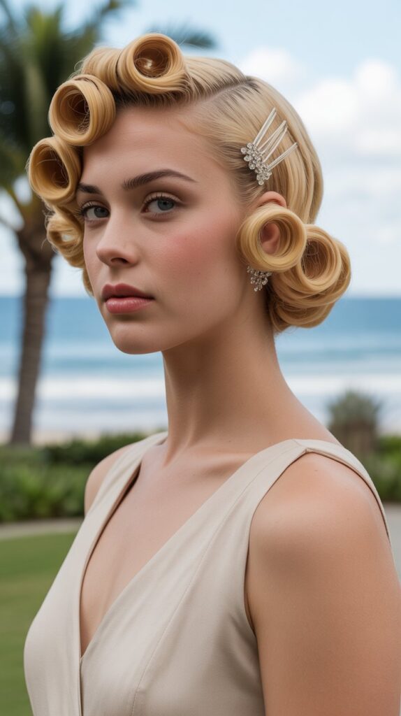 30+ Stunning Beach Wedding Hairstyles That Will Make Waves 21 Vintage Pin Curls Updo