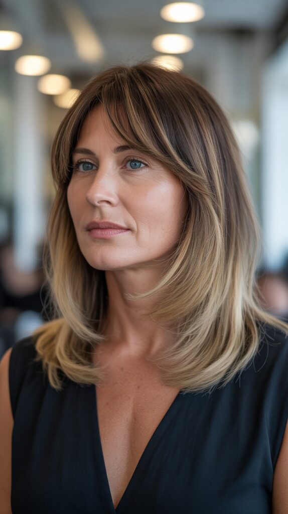 30 Stylish Long Bob with Curtain Bangs for Women Over 40 17 Long Bob with Curtain Bangs and Ombré