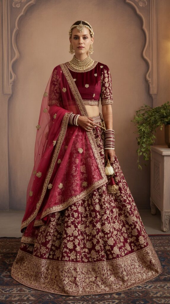 22 Gorgeous Indian Winter Outfits for Women You'll Love 11 Brocade Lehenga with Warm Blouse