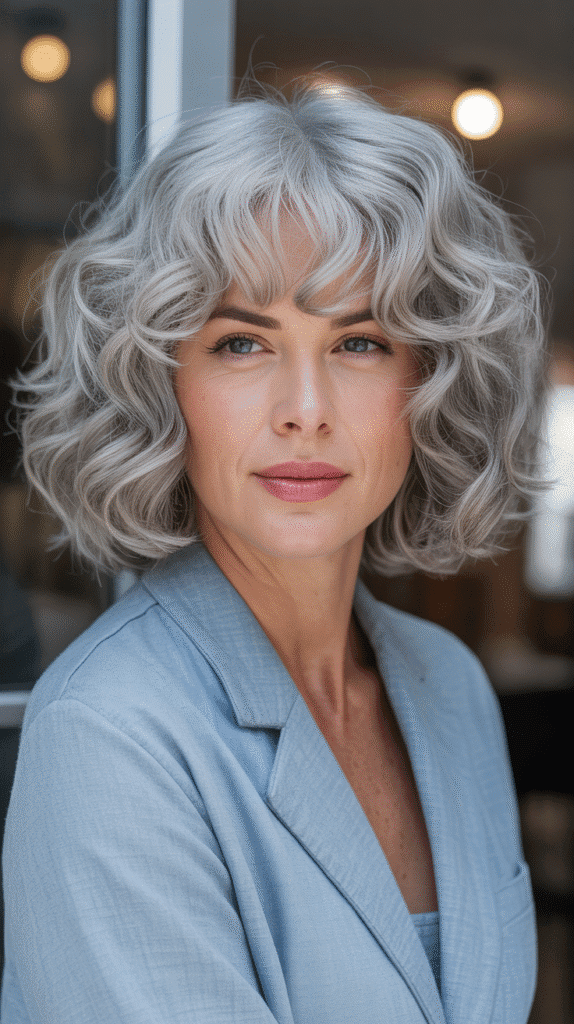 Long Bob with Curtain Bangs and Natural Gray