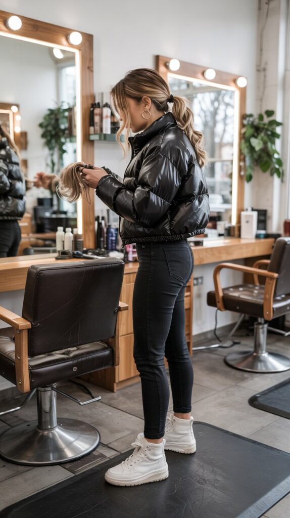 27 Trendy Baddie Hairstylist Outfits for Work 19 Cropped Puffer Jacket with High-Waisted Leggings