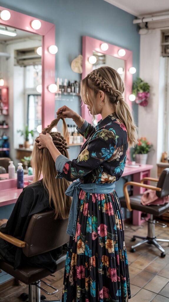 33 Polished Summer Hairstylist Outfits for Work 24 Printed Midi Dress with Denim Shirt Tied at Waist