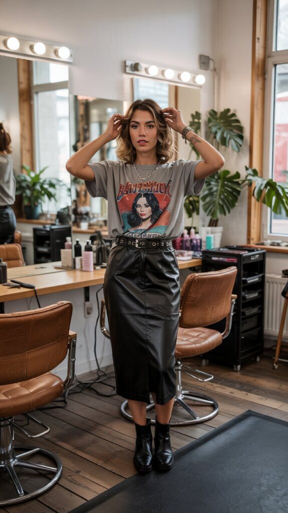 27 Trendy Baddie Hairstylist Outfits for Work 25 Midi Skirt with Tucked Graphic Tee