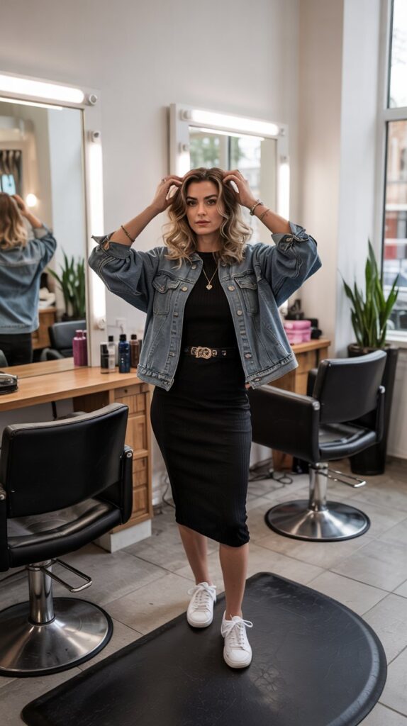 27 Trendy Baddie Hairstylist Outfits for Work 5 Denim Jacket over Bodycon Dress