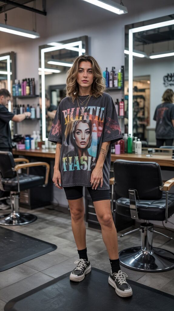 27 Trendy Baddie Hairstylist Outfits for Work 2 Oversized Graphic Tee with Biker Shorts