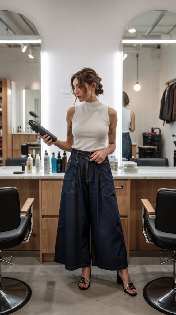 33 Polished Summer Hairstylist Outfits for Work 6 Culottes with Sleeveless Mock Neck Top