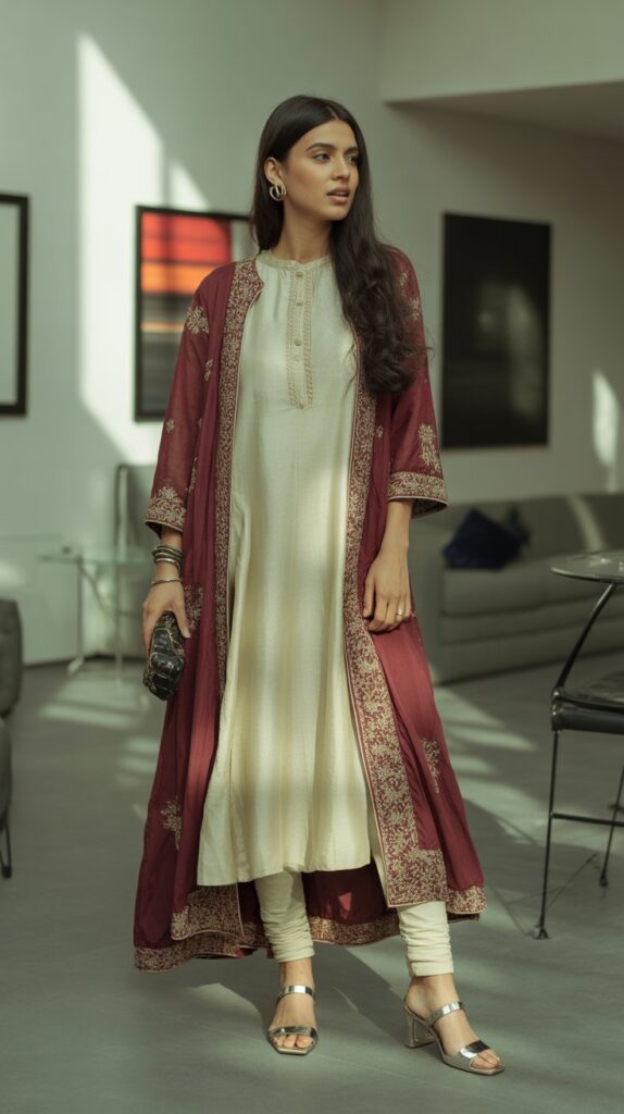 22 Gorgeous Indian Winter Outfits for Women You'll Love 9 Layered Kurta with Long Jacket
